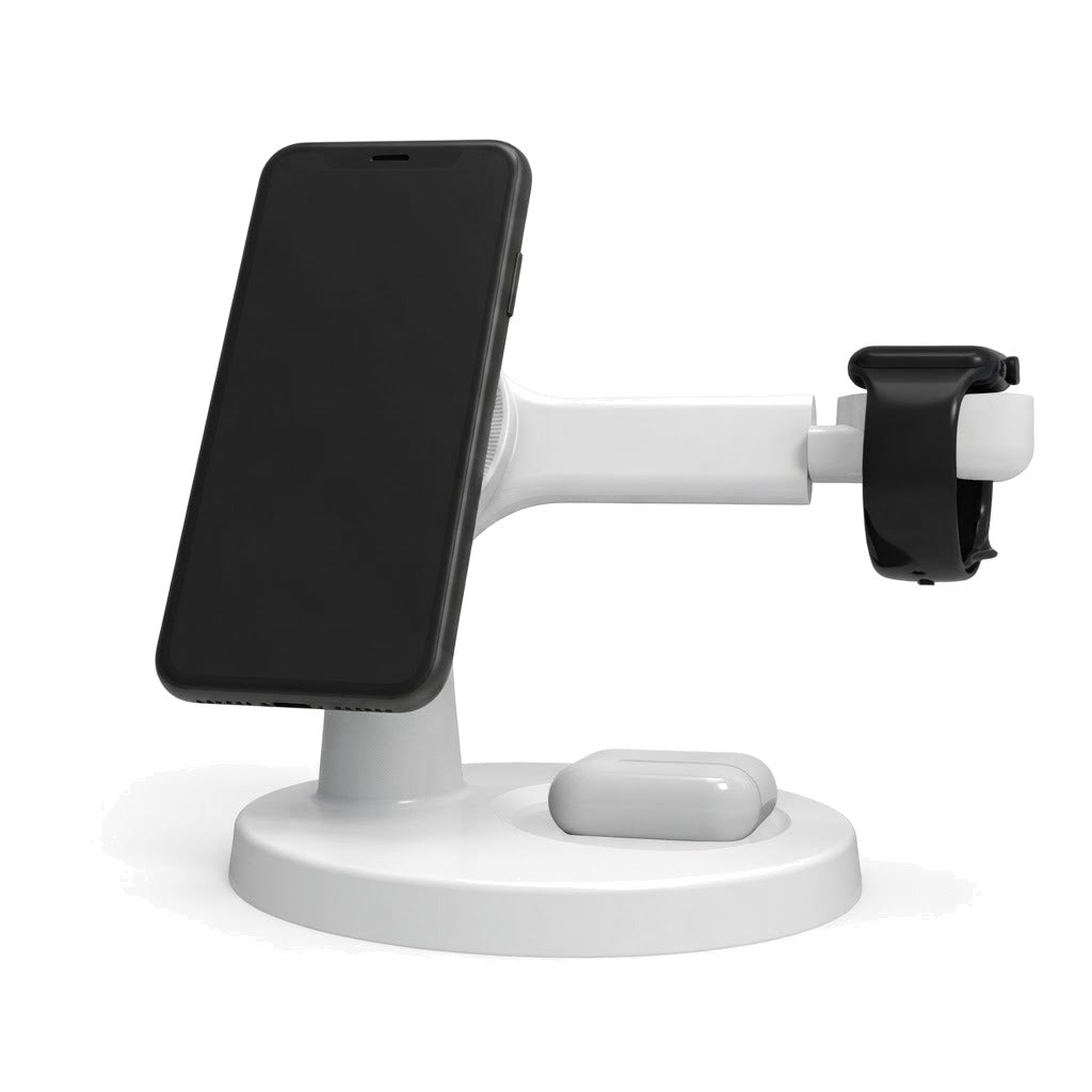 MagDesk 3-in-1 blanco con un móvil, un reloj y unos auriculares colocados