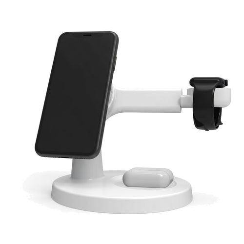 MagDesk 3-in-1 blanco con un móvil, un reloj y unos auriculares colocados