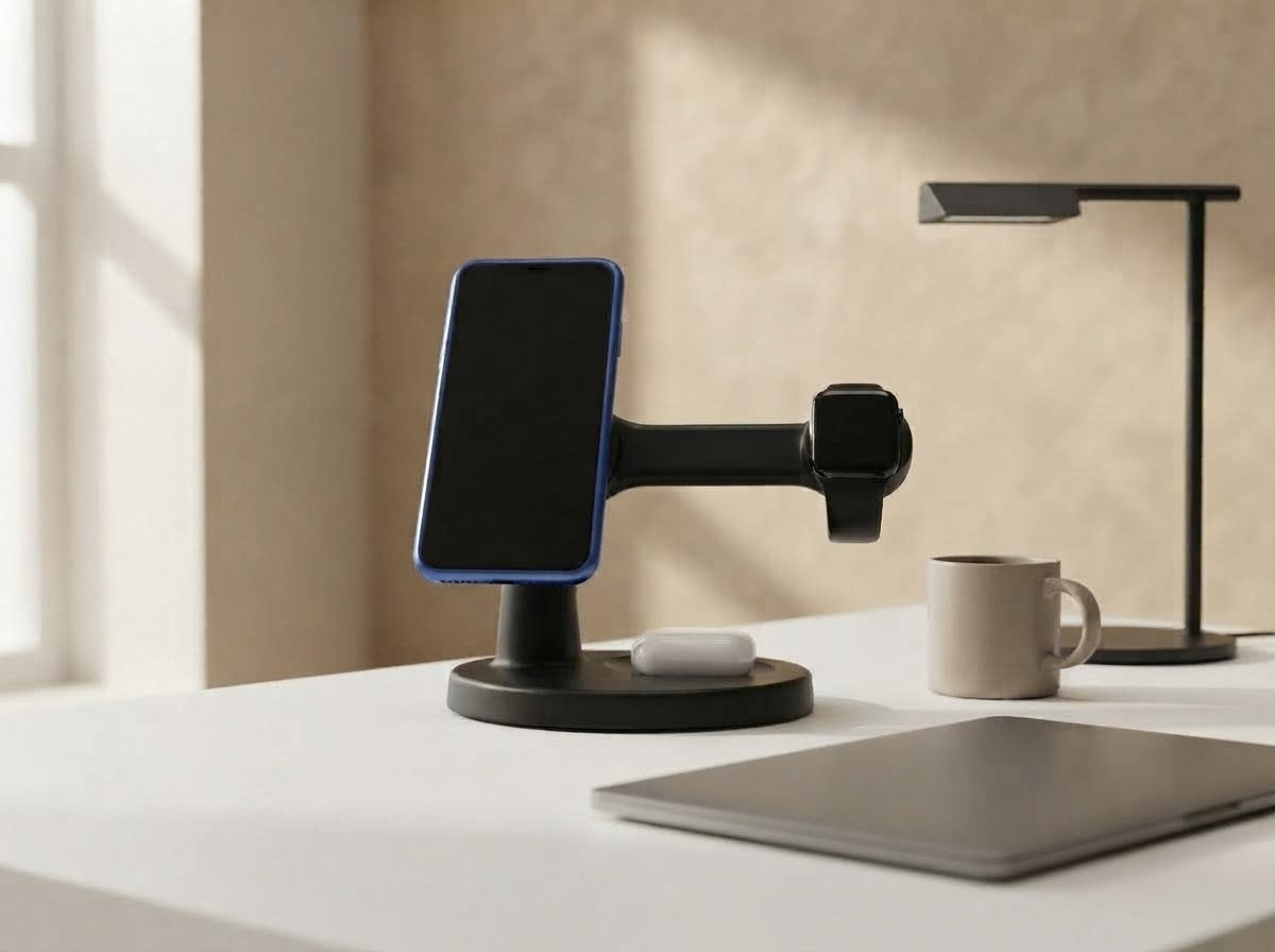 MagDesk negro sobre un escritorio blanco junto a un portátil, una taza y una lámpara