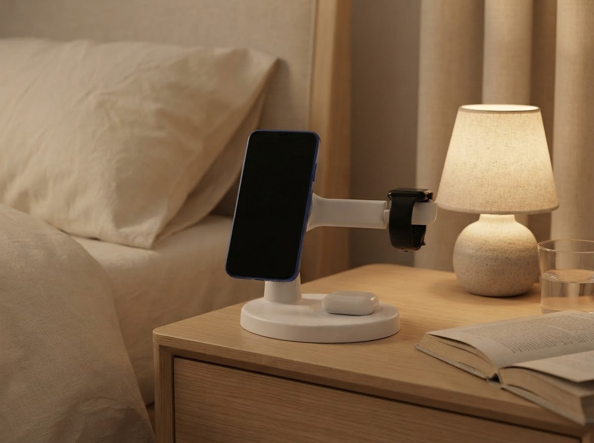 MagDesk blanco sobre una mesita de noche de madera, con luz cálida de lámpara
