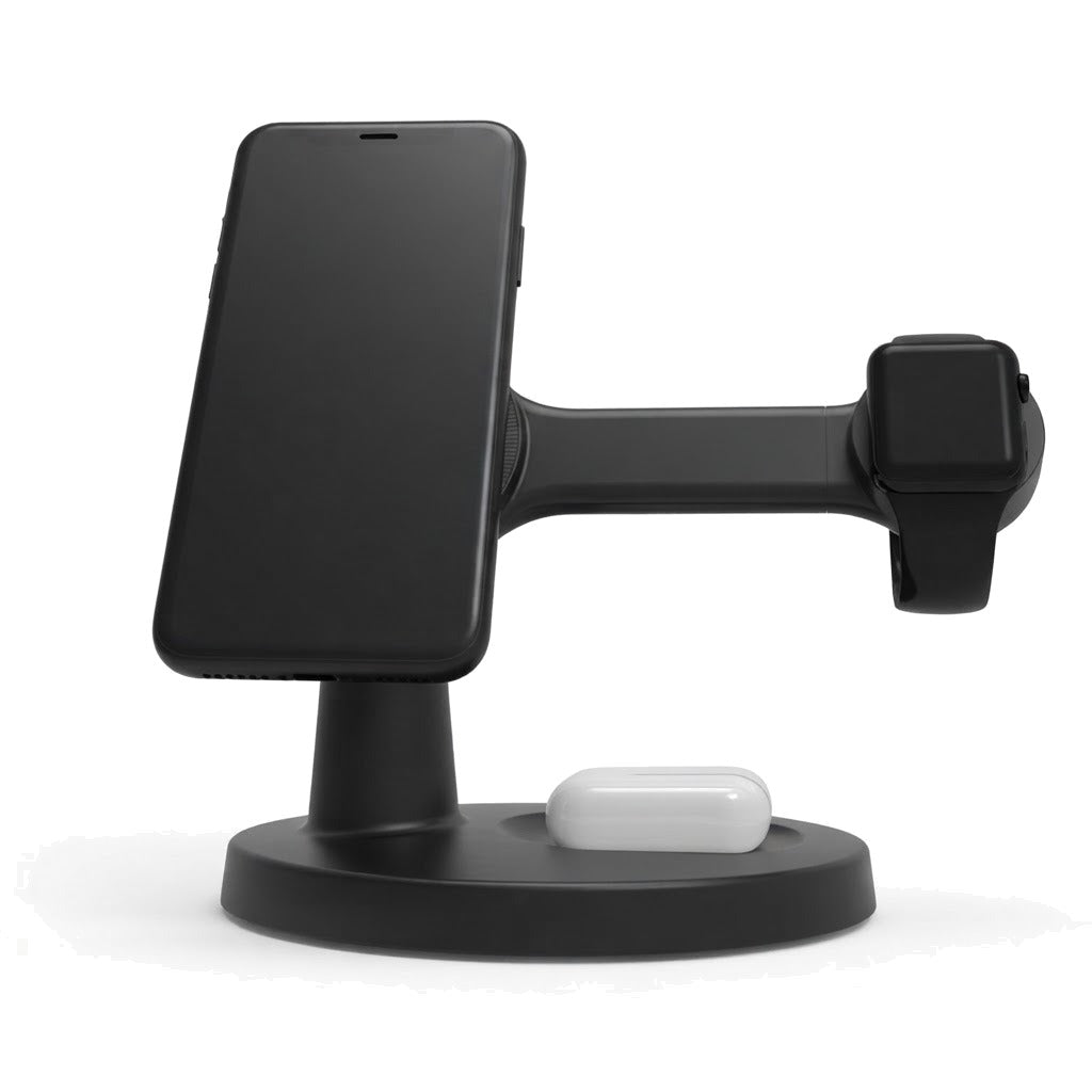 MagDesk 3-in-1 negro con un móvil, un reloj y unos auriculares colocados